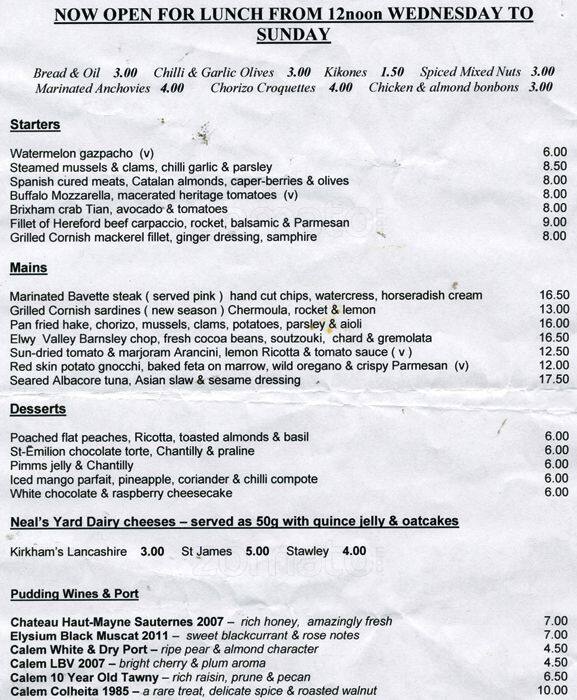Junction Tavern menu, Menu restauracji Junction Tavern, Kentish Town