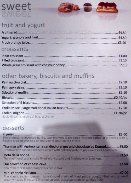 Menu at Illy cafe, London, 295 Regent St