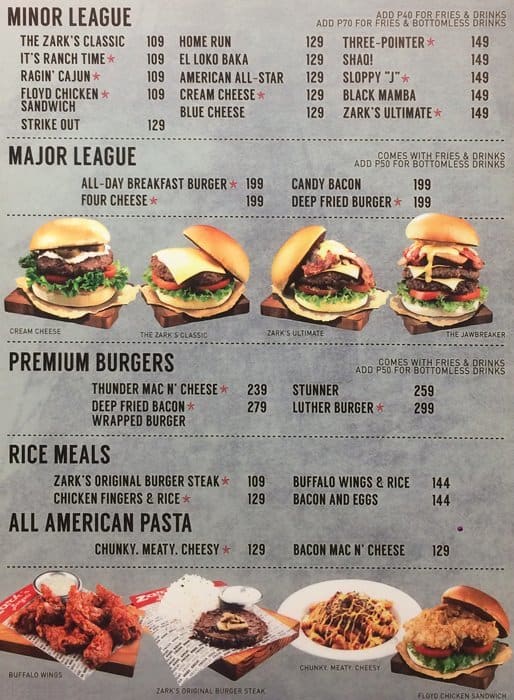 Zark's Burgers Menu, Menu for Zark's Burgers, McKinley Hill, Taguig