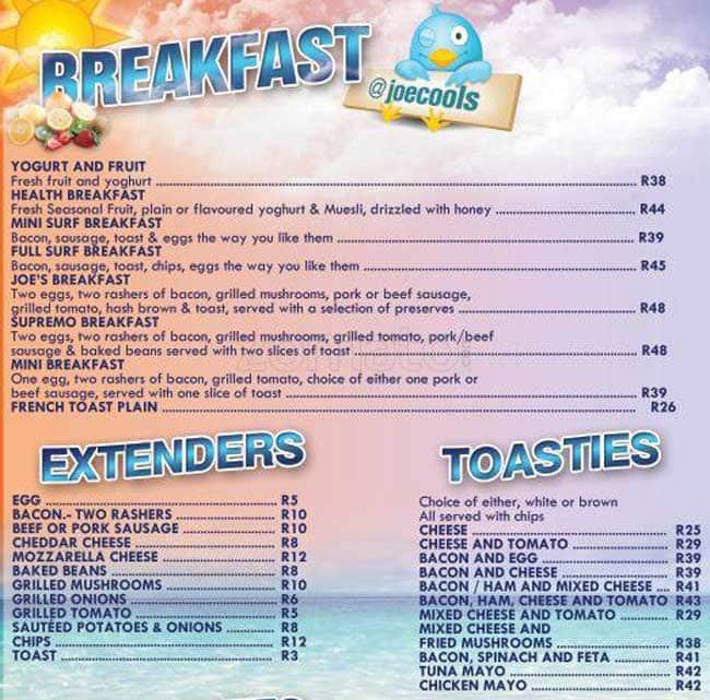Joe Cool's Menu, Menu for Joe Cool's, North Beach, Durban Zomato SA