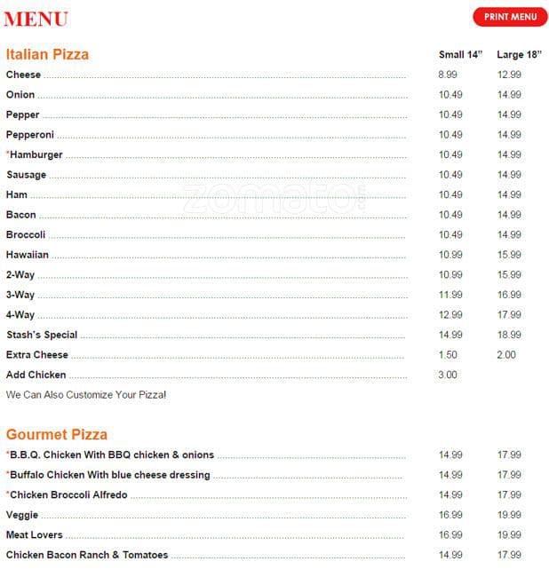 Carta de Stash's Pizza