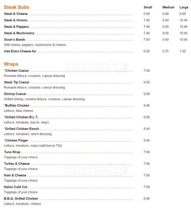 Carta de Stash's Pizza