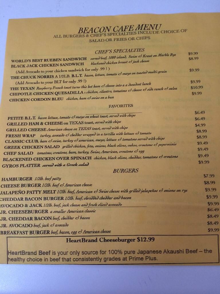 Menu at Beacon Cafe, Fort Worth, Business Hwy 287