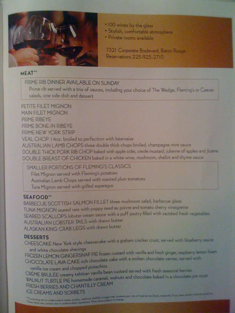 Menu at Fleming's Prime Steakhouse & Wine Bar, Baton Rouge, Corporate Blvd