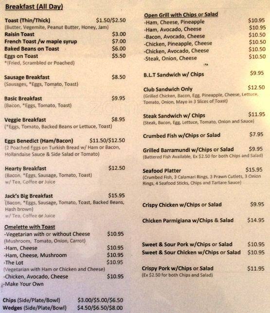 Menu at Jack's Cafe, Brisbane City