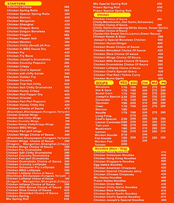 Menu of Joseph's Kitchen, Pali Hill, Bandra West, Mumbai