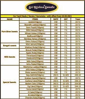 Sri Krishna Bakery menu