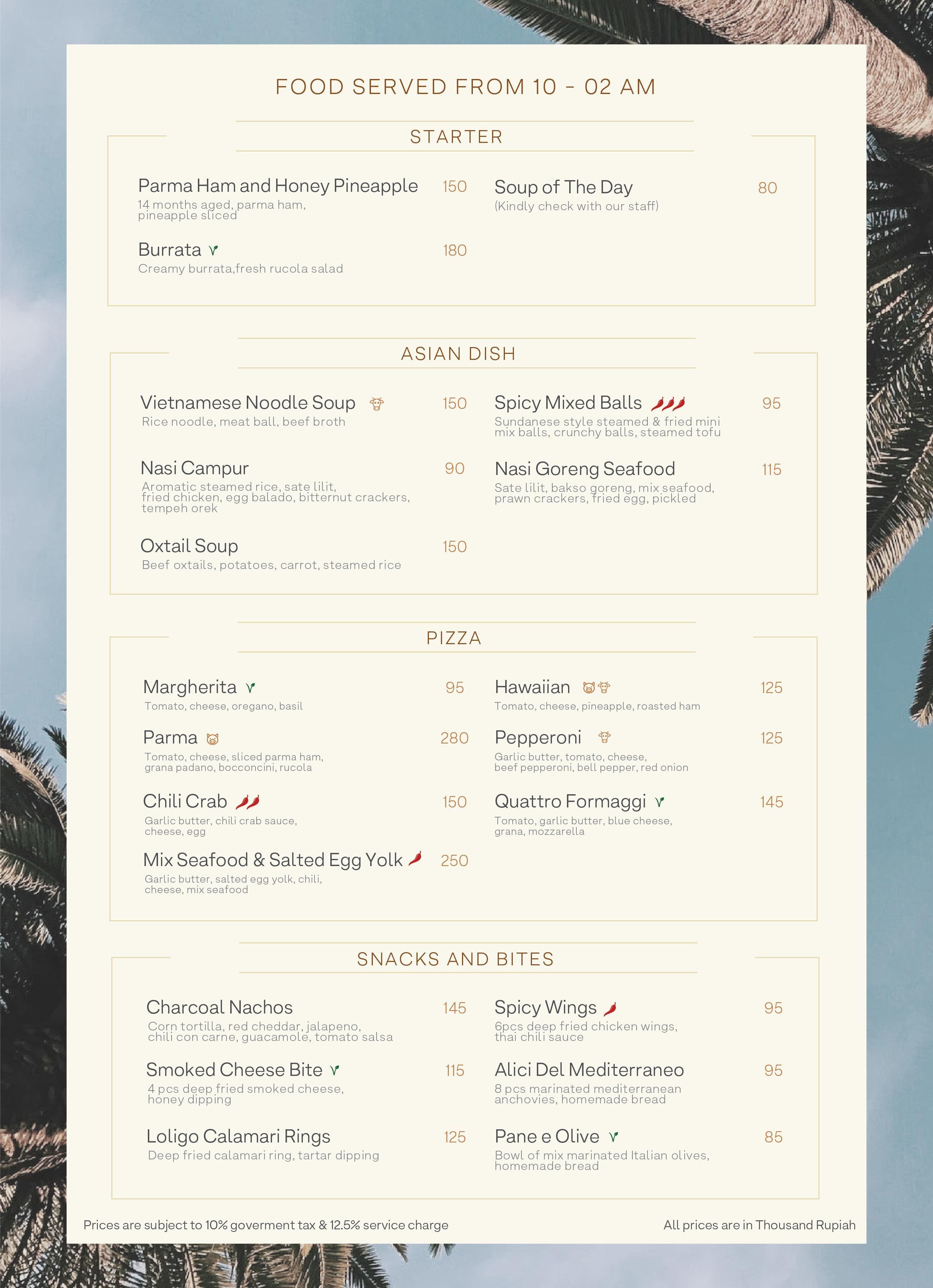 Menu at Cloud Lounge Jakarta (Rooftop) restaurant, Jakarta