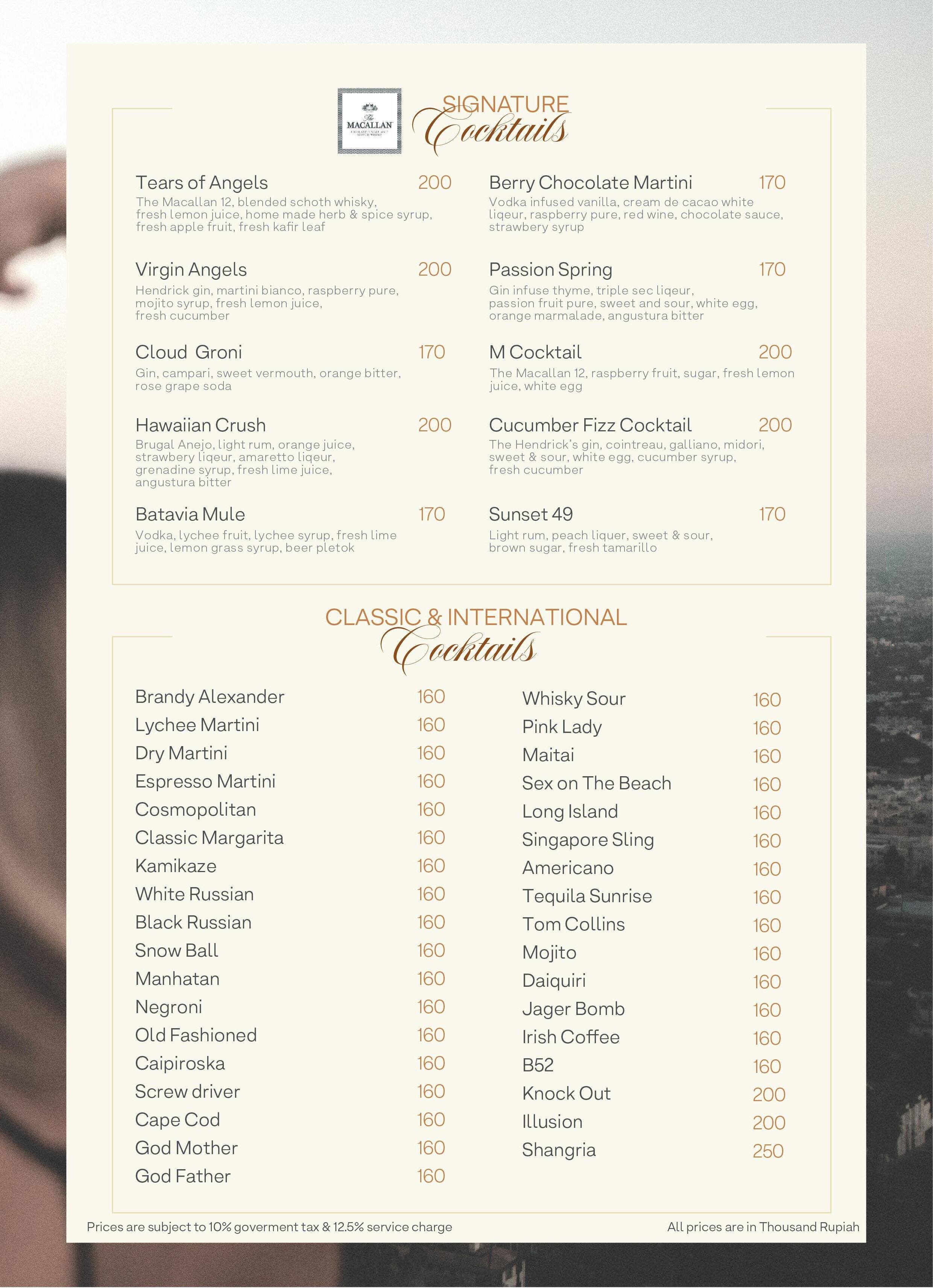 Menu at Cloud Lounge Jakarta (Rooftop) restaurant, Jakarta