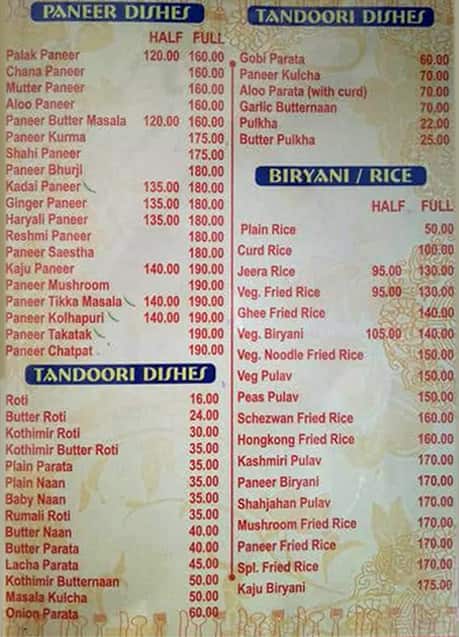 Panchratan Veg Restaurant menu