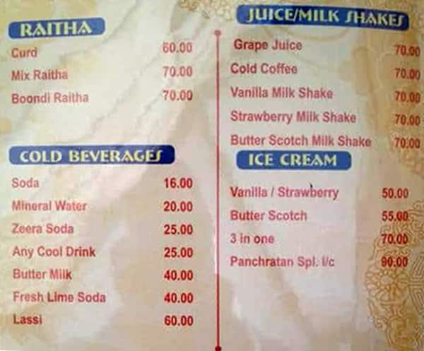 Panchratan Veg Restaurant menu