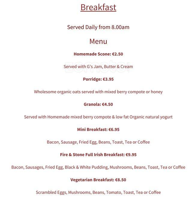 Fire and Stone Menu, Menu for Fire and Stone, Stepaside, Dublin