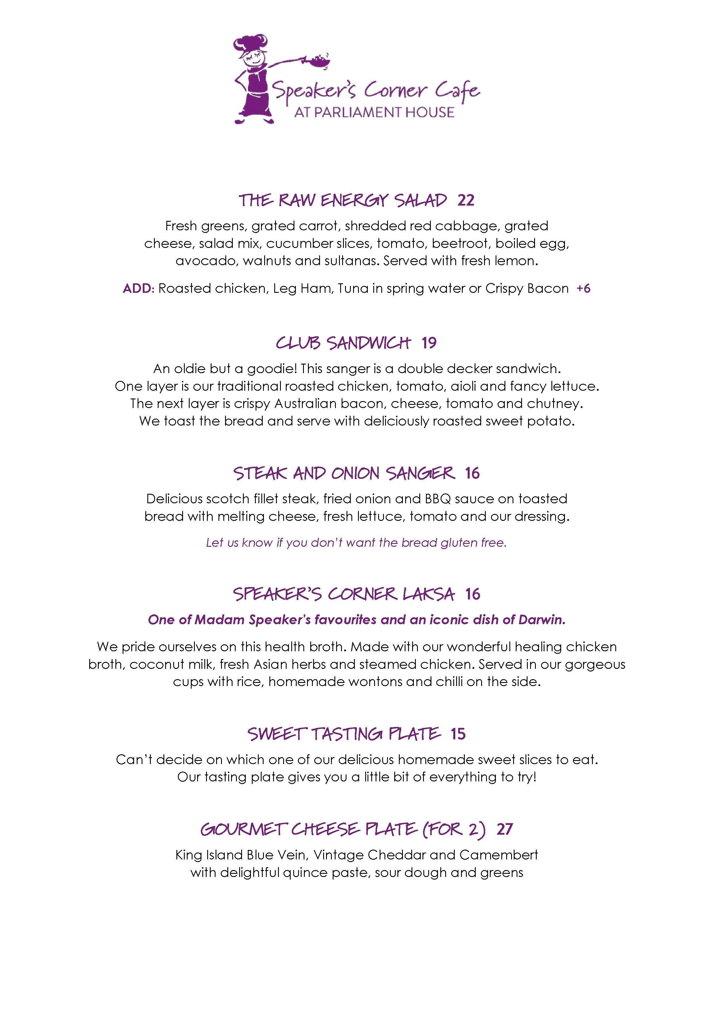 Menu at Speakers Corner Cafe, Darwin City