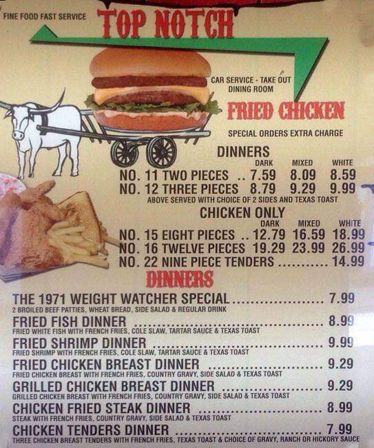 Menu at Top Notch Hamburgers fast food, Austin