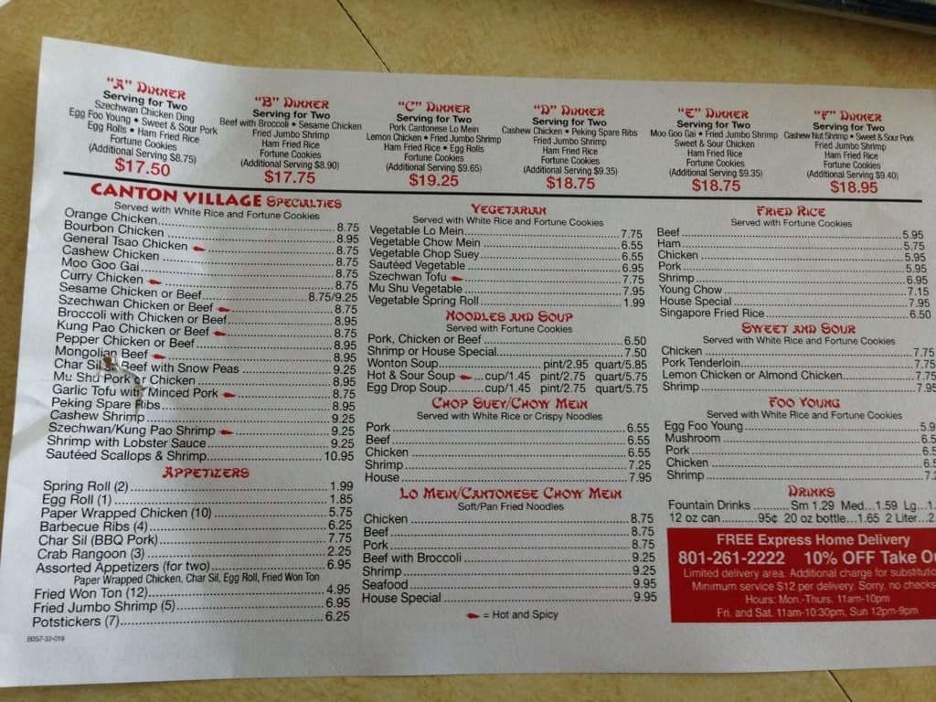 Menu at Canton restaurant, Murray, South 900 East