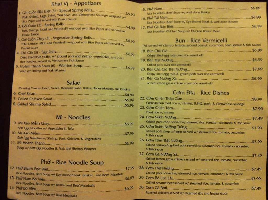 Menu at Pho Bistro restaurant, Slidell, Gause Blvd