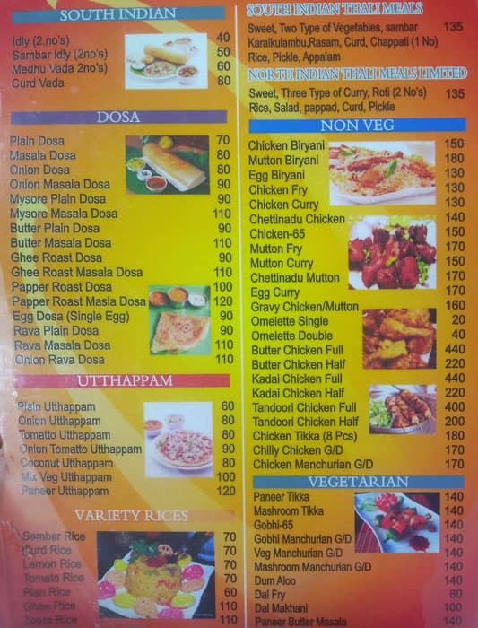 Menu at M.P. Canteen, New Delhi