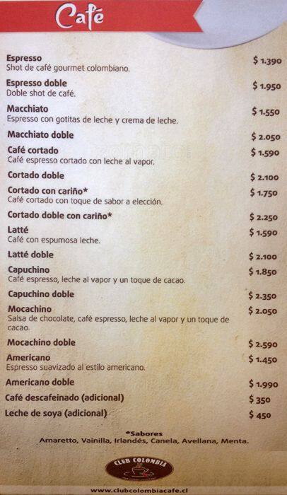 Club Colombia Menu,Menú para Club Colombia, Providencia 