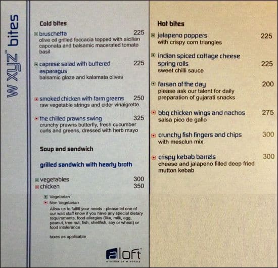 W XYZ Hotel Aloft Menu, Menu for W XYZ Hotel Aloft, Sola, Ahmedabad