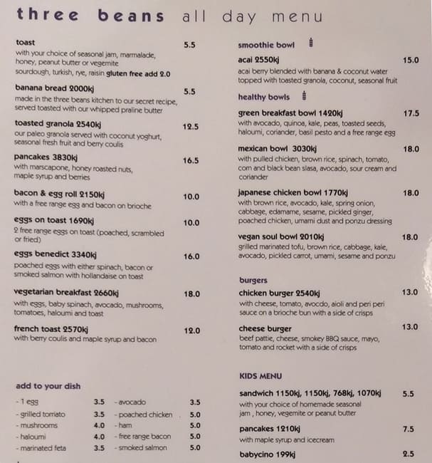 Menu Of Three Beans Broadway Sydney