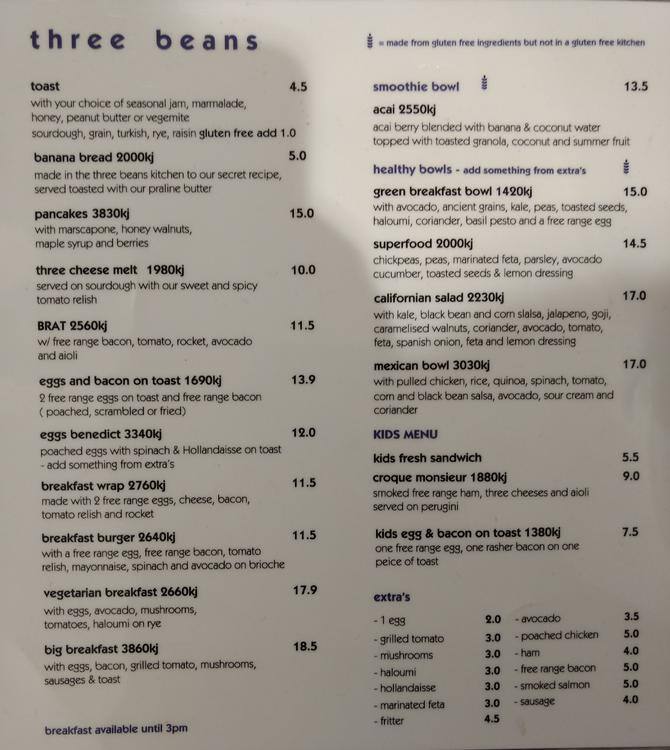Menu Of Three Beans Warriewood Sydney