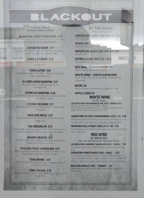 The Blackout Bar Menu, Menu for The Blackout Bar, Lindfield, Sydney