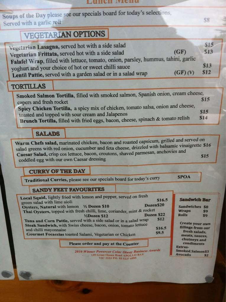 Menu at Sandy Feet Cafe & Health Foods, Apollo Bay
