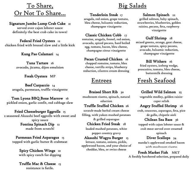 Menu at Federal American Grill pub & bar, Houston, 510 Shepherd Dr