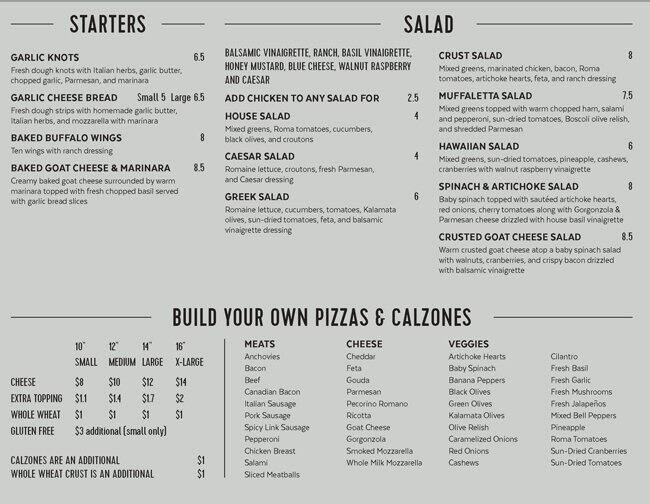 Menu at Crust Pizza Co pizzeria, The Woodlands