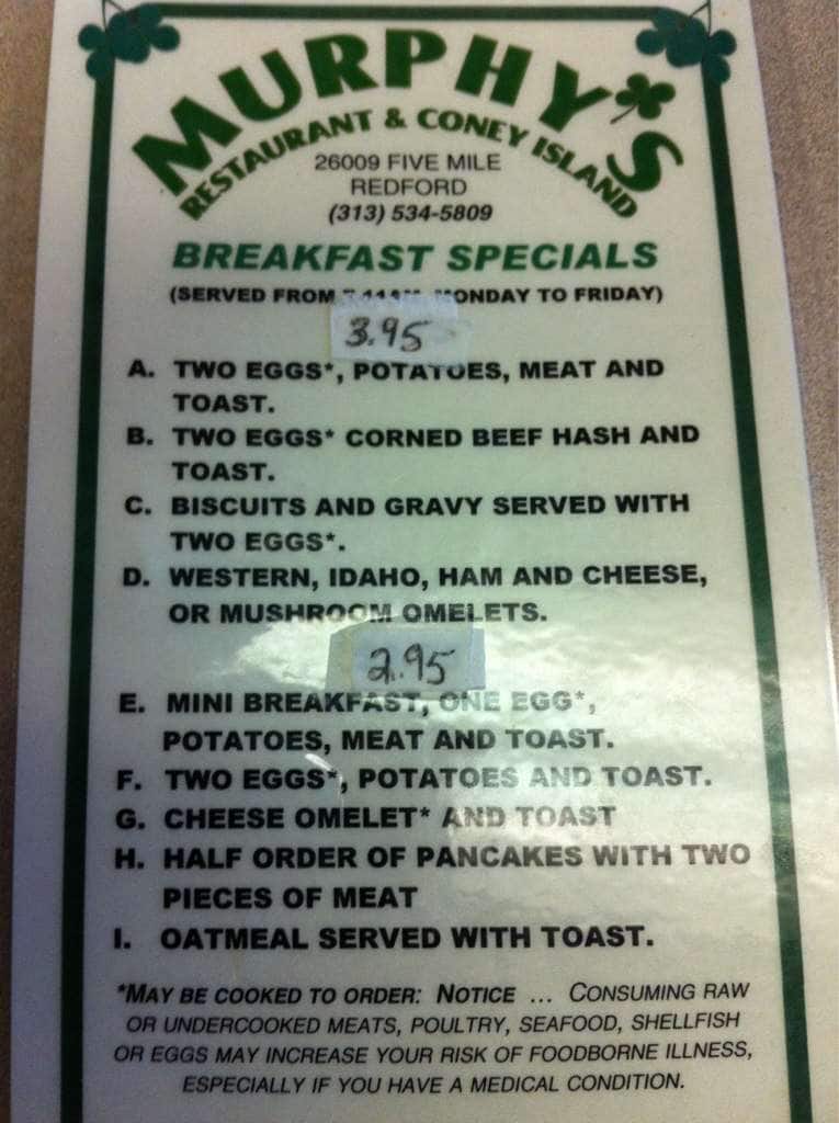 Murphy's Menu, Menu for Murphy's, Redford, Detroit Urbanspoon/Zomato
