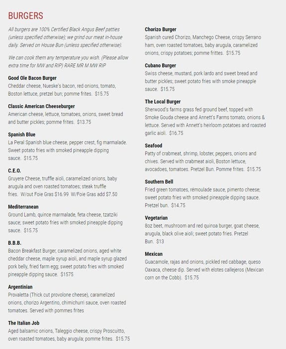 Menu at Mussel & Burger Bar, Louisville, Taylorsville Rd