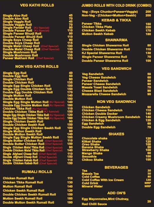 Menu of Kathi Junction, Kaonli, Dehradun