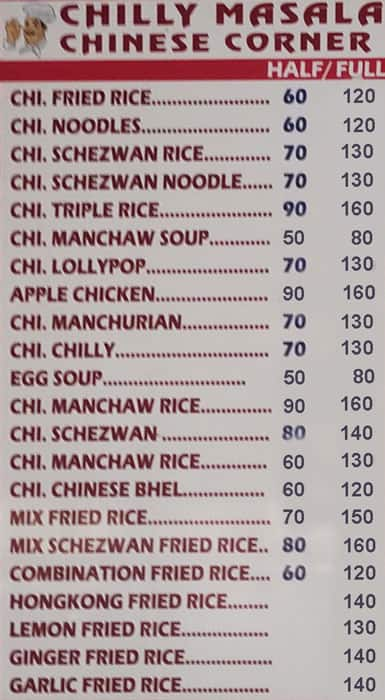 Menu of Chilli Masala Chinese Corner, Malad West, Mumbai