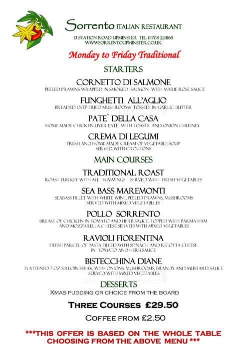 Menu at Sorrento restaurant, Upminster, 13 Station Rd