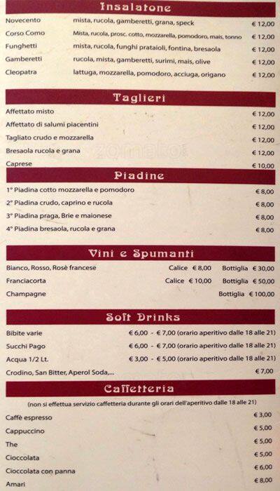 Menu de Caffè Novecento