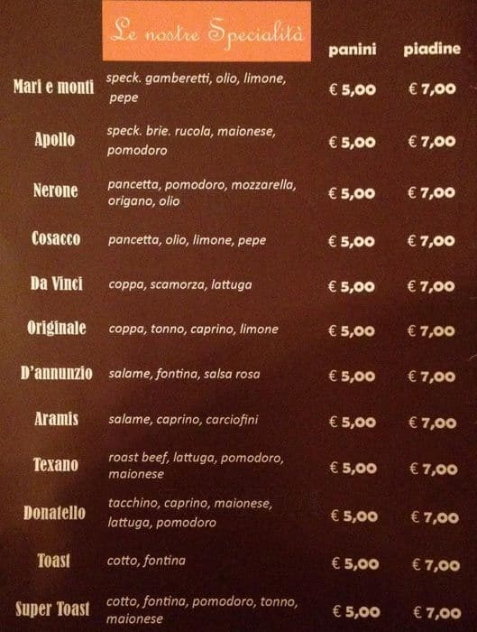 Menu de Caffè Novecento