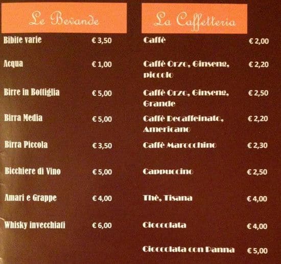 Menu de Caffè Novecento