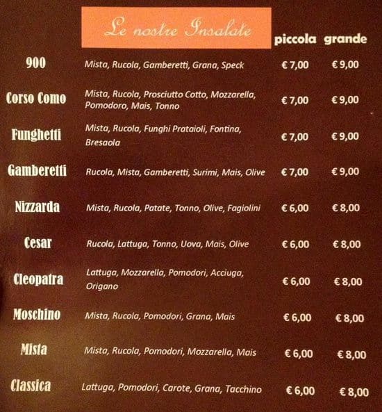 Menu de Caffè Novecento