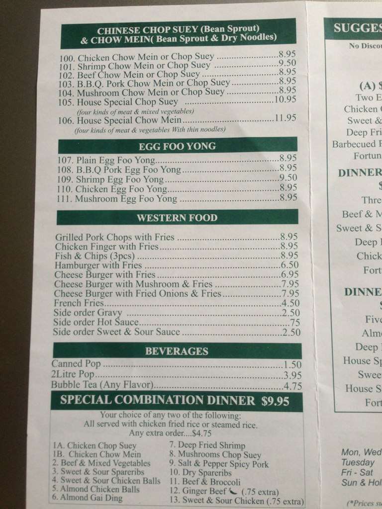 Three Fortunes Chinese Restaurant menu