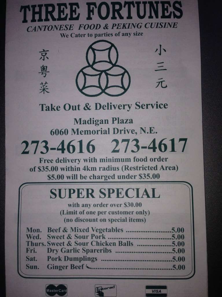 Three Fortunes Chinese Food Menu Urbanspoon/Zomato