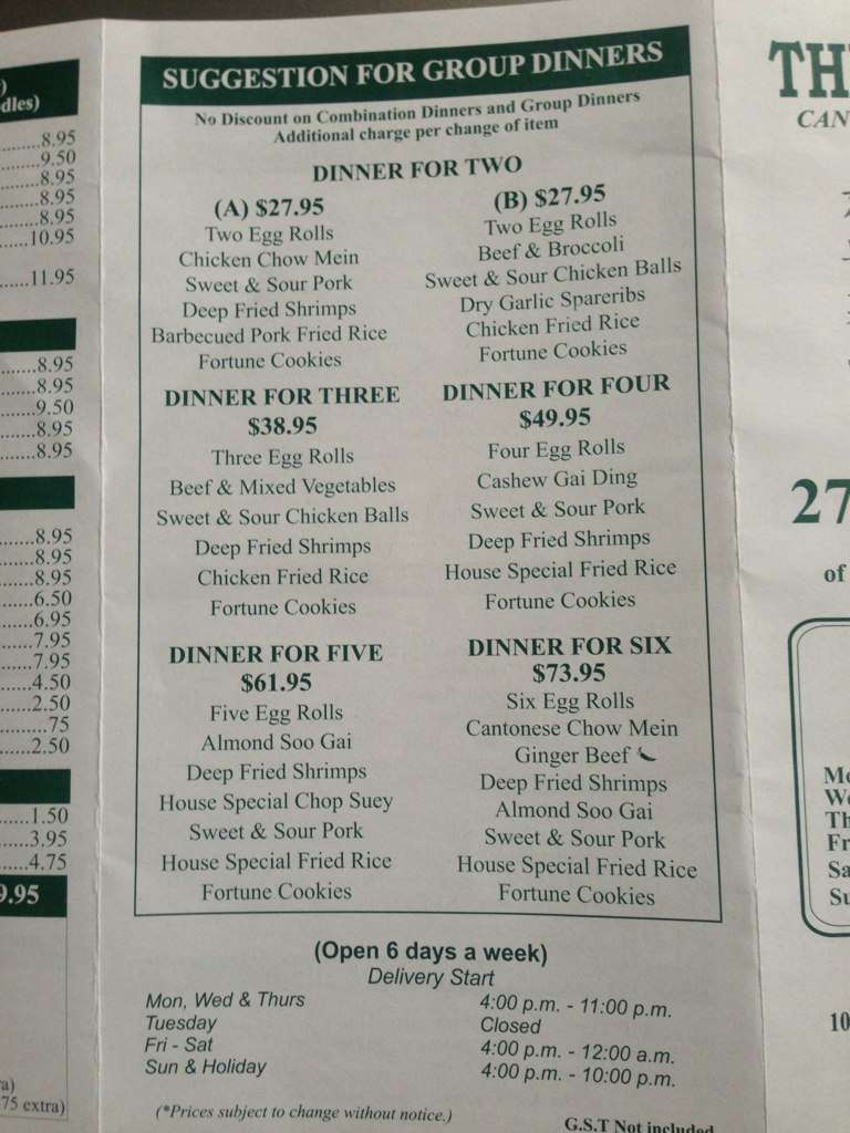 Three Fortunes Chinese Restaurant menu