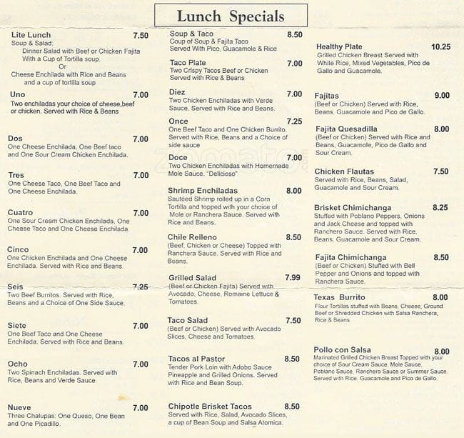 Menu at Mena's TexMex Grill restaurant, Richardson