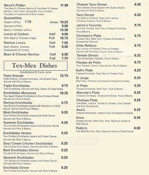 Menu at Mena's TexMex Grill restaurant, Richardson
