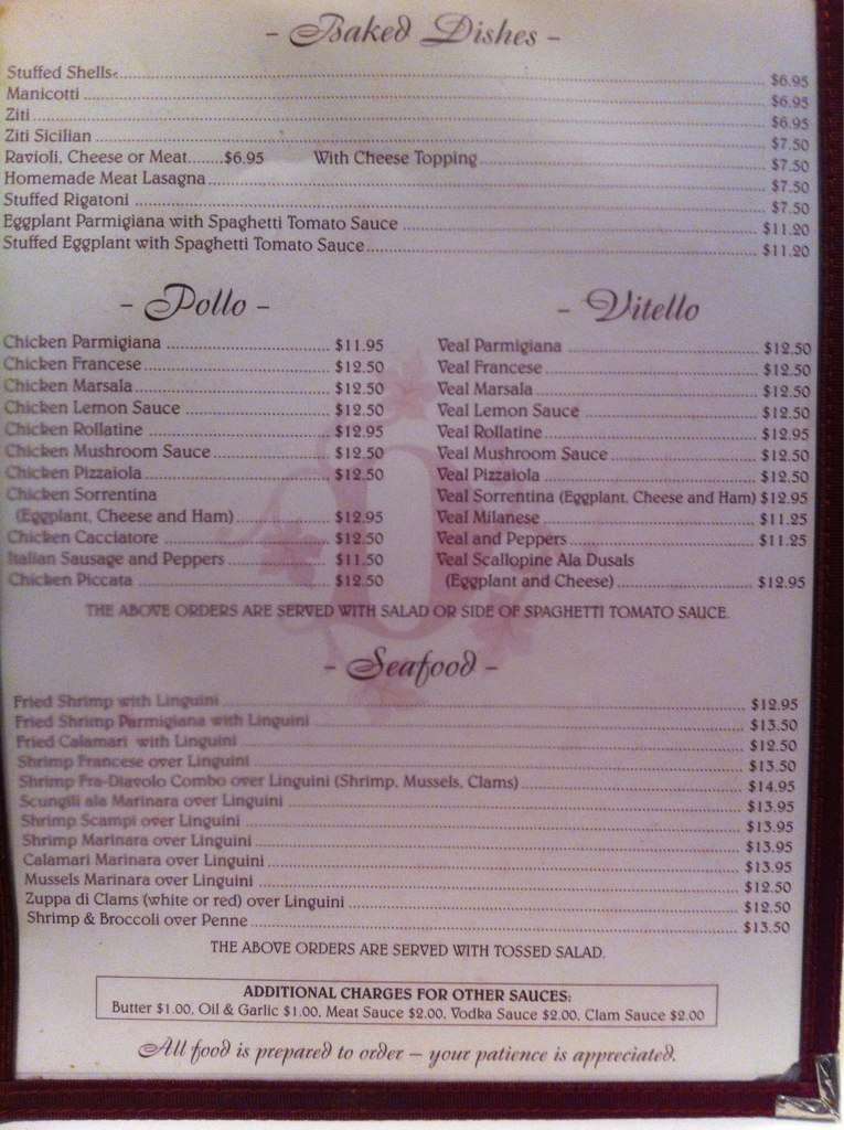 Menu at Dusal's Italian Restaurant, Freehold