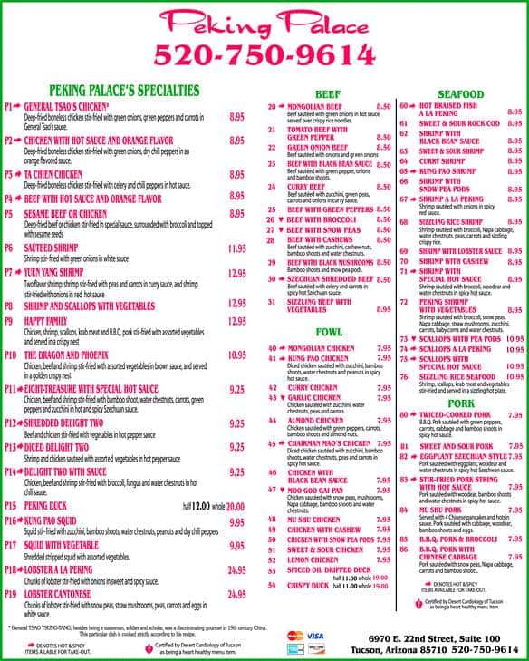Menu at Peking Palace restaurant, Tucson