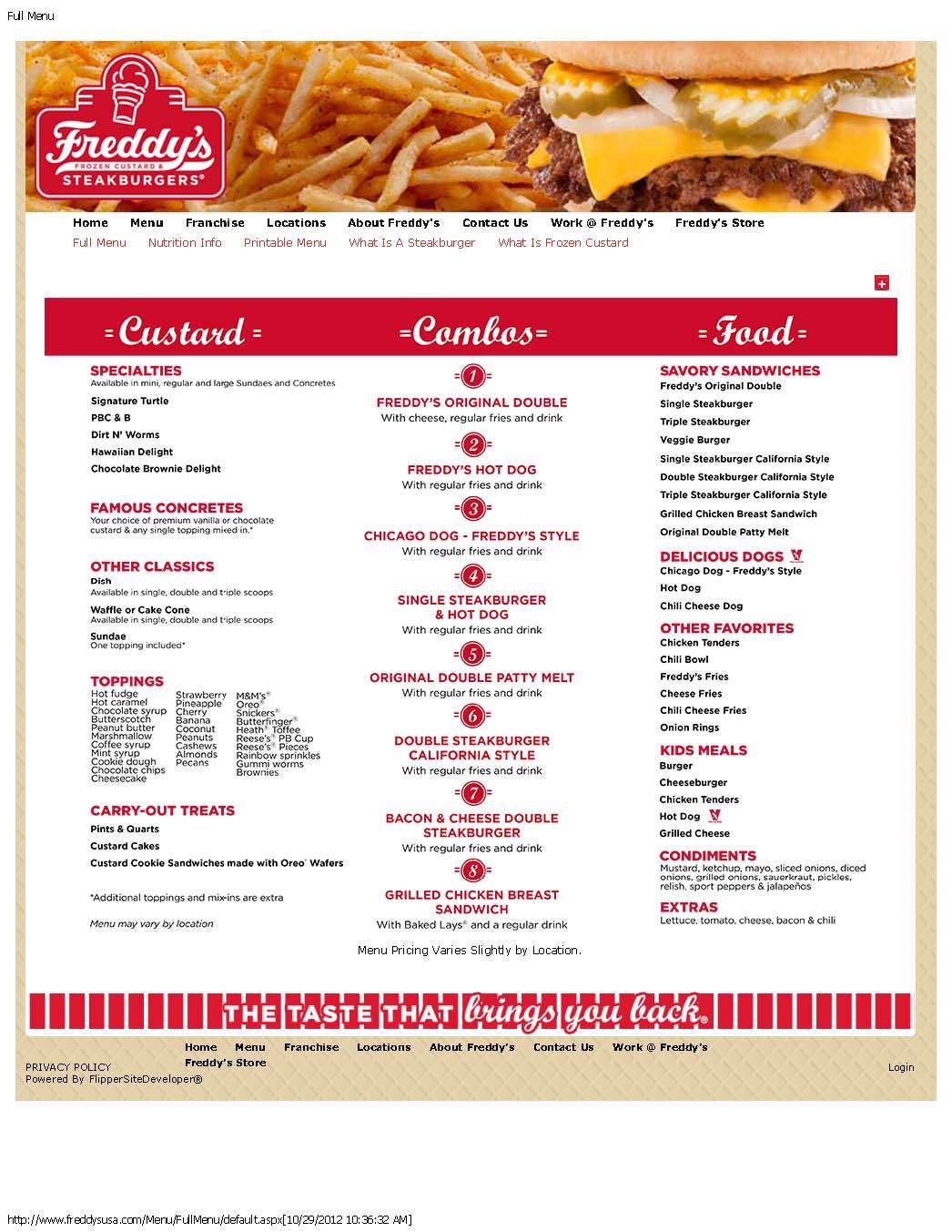 Freddy's Frozen Custard Menu - Urbanspoon/Zomato