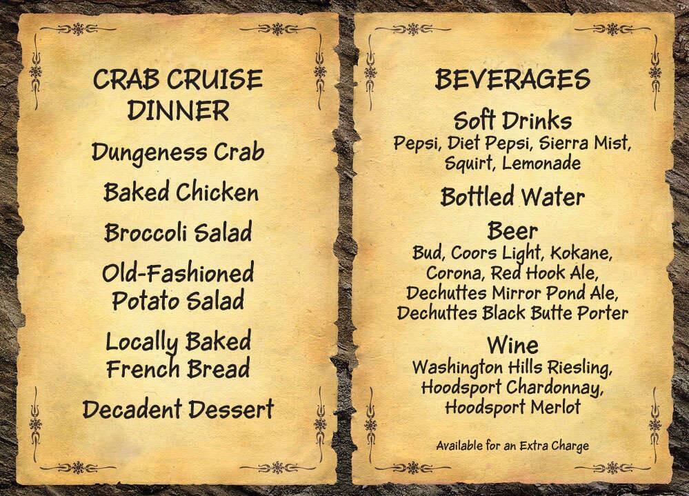 Menu at Chuckanut Cracked Crab Dinner Cruise, Bellingham