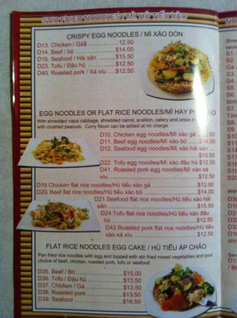 Menu at Noodle Saigon restaurant, North Naples