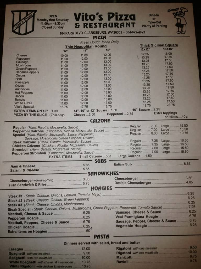 Vito's Pizza Menu, Menu for Vito's Pizza, Clarksburg, Clarksburg