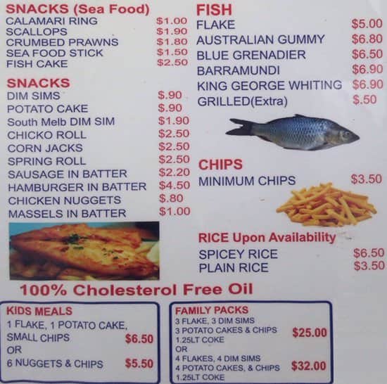 Jacana Fish and Chips Menu, Menu de Jacana Fish and Chips, Gladstone